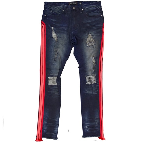 SHREDDED JEANS W/ DRAWSTRING SIDE TAPE/VINTAGE WASH - Picture 1 of 2